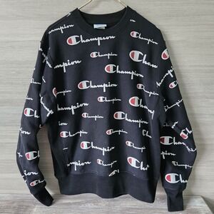 Champion Reverse Weave Heavy Crew All Over Logo Sweatshirt‎ Black Panel Sides Lg